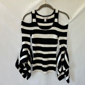 Scripted Scoopneck Cold-Shoulder Bell Sleeve Top - Black and White